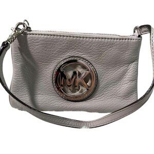 Michael Kors Wristlet Gray Pebbled Leather Purse Silver Logo Detachable Strap